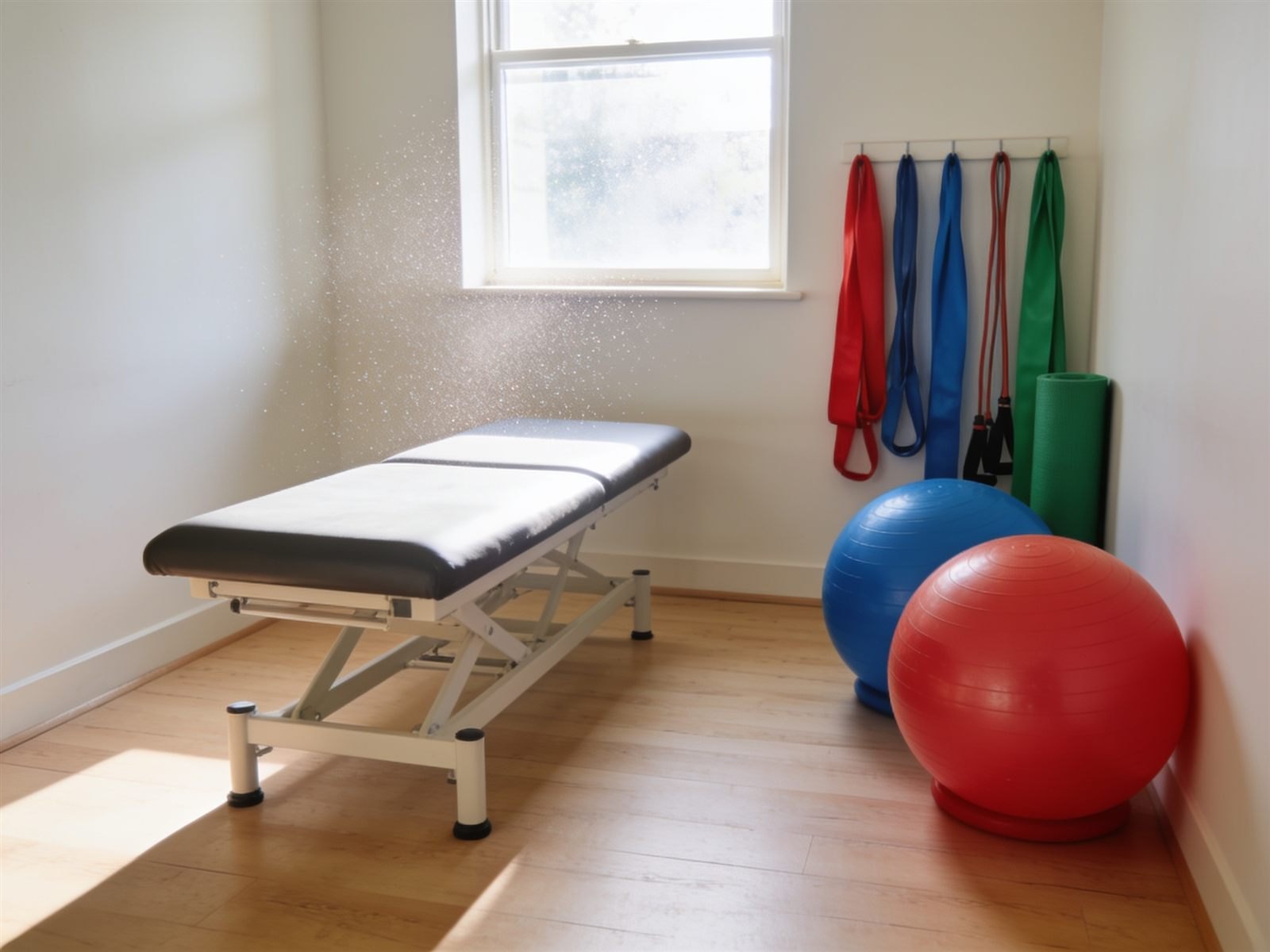 Sala de fisioterapia iluminada com maca, bolas e faixas elásticas coloridas