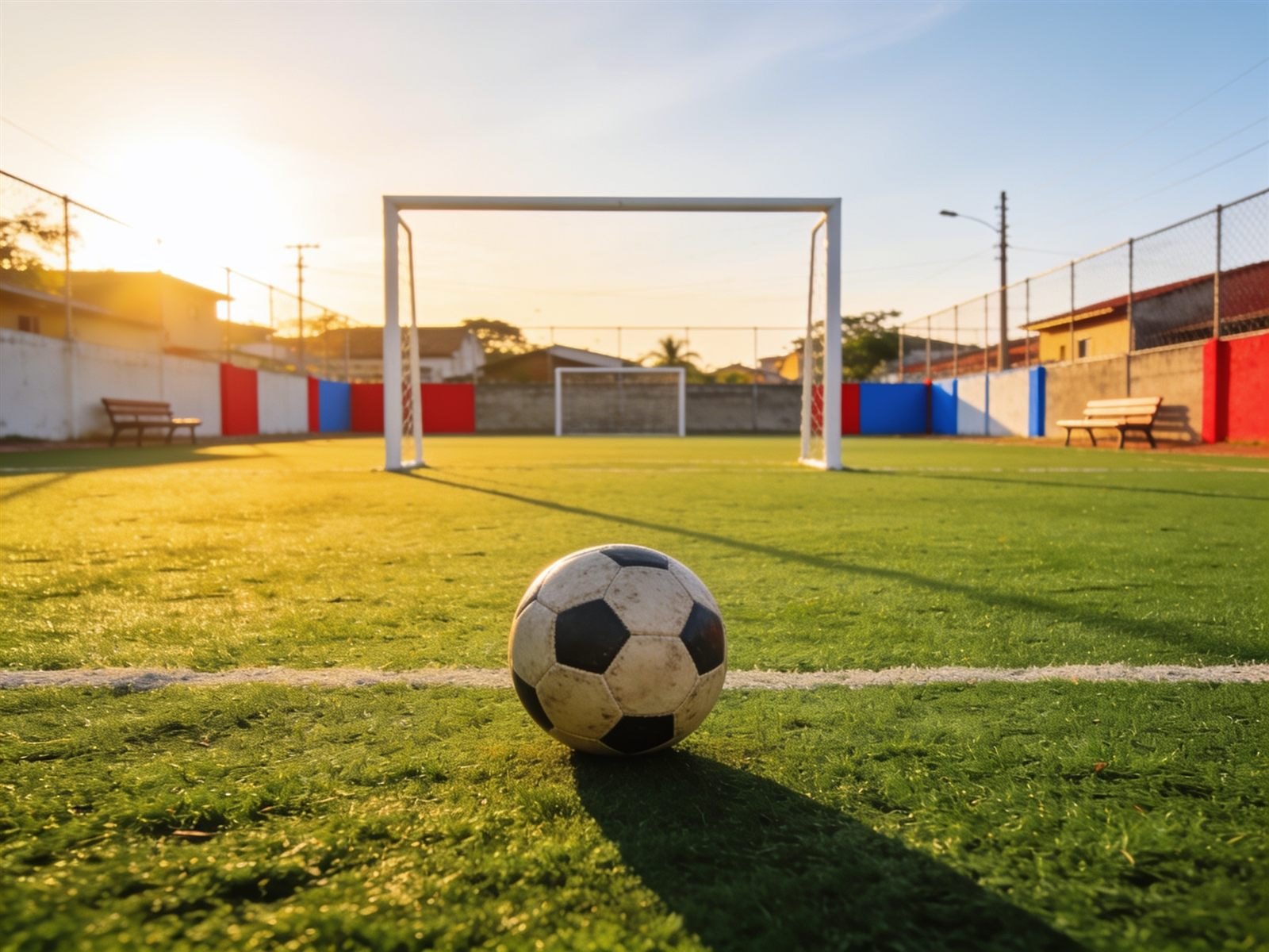 Campo de futebol ao amanhecer com uma bola em primeiro plano