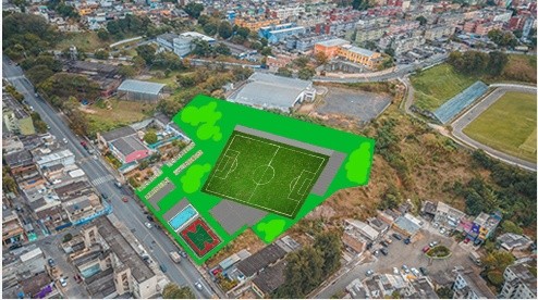 Projeção do centro de treinamento sobre a foto aérea, com campo, quadra e piscina
